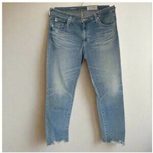 AG Prima Mid Rise Cigarette Crop Jean Womens 31 Blue Distressed Raw Hem Stretch